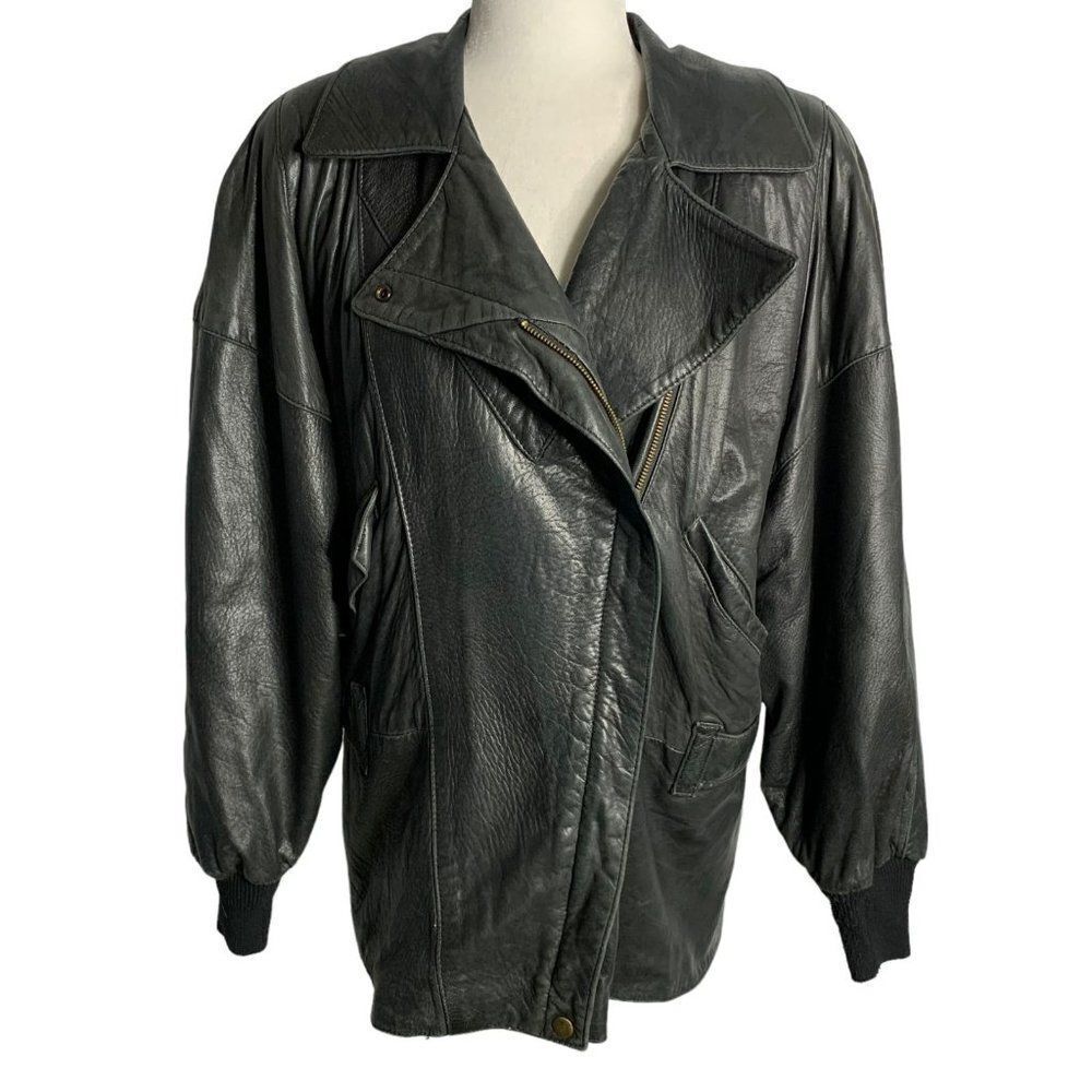 Vintage 80s Melanzona Leather Moto Jacket M Black Pockets Lined Shoulder Pads